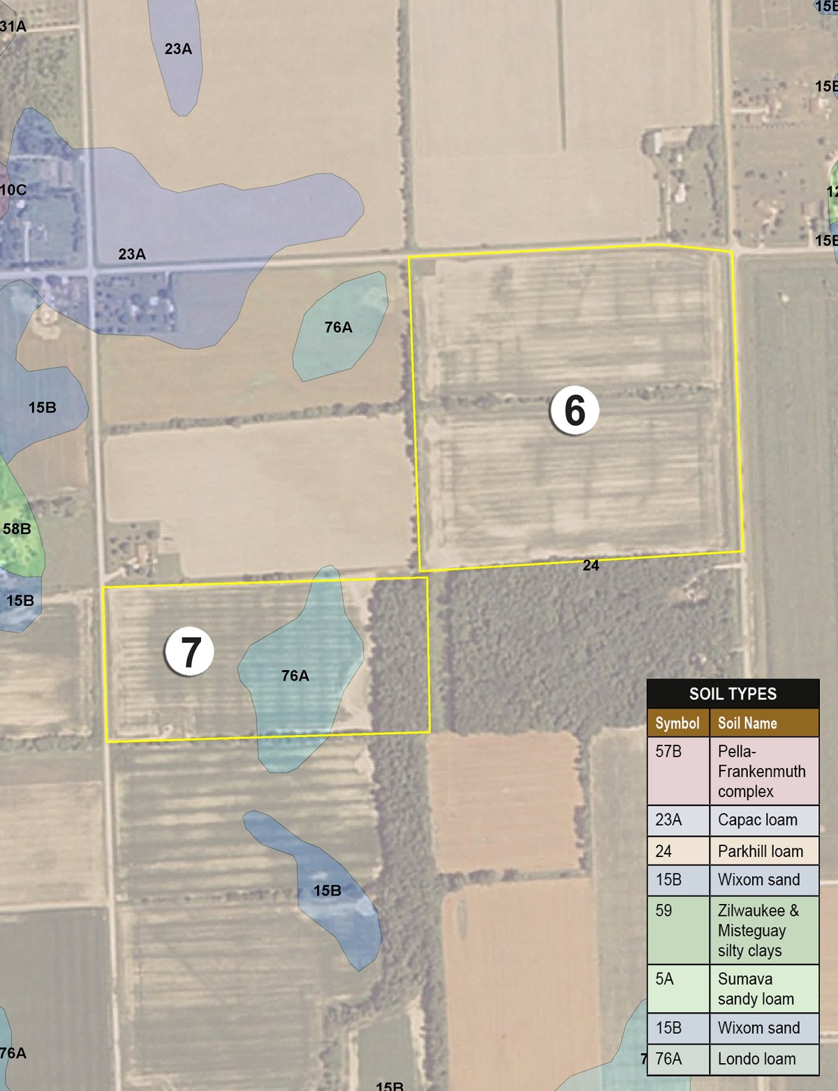 Soil map - 323+/- Acres Offered in 7 Tracts with 282+/- FSA Tillable Acres